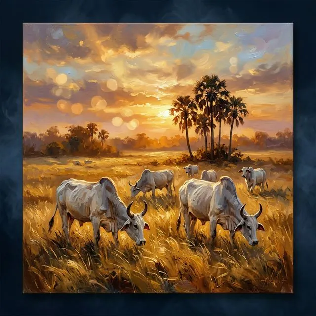 Pasture and cattle at sunrise
